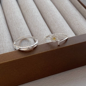S999 Fine Silver Jasmine Flower Adjustable Open Ring Couple Mori Style Niche Designer Leaf Branch Texture Fashion Finger Ring