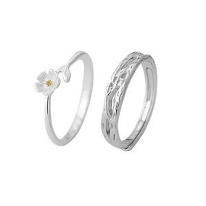 S999 sterling silver jasmine flower couple ring set with natural vine textured band