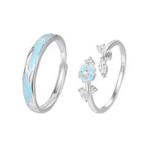 S999 Sterling Silber Paarringe mit Pfirsichblüte aus blauer Emaille und Zirkonia Besatz