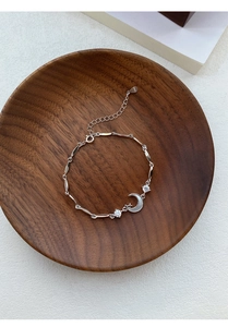 Macro shot of S925 sterling silver star and moon charms on a delicate link chain