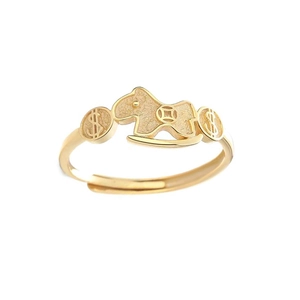 Adjustable gold rocking horse ring with copper coin and dollar signs on white background