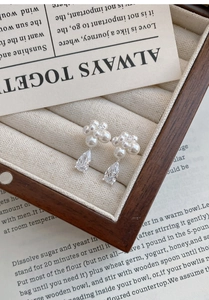 Detail of S999 silver flower earrings with small pearls and water drop zircon charms