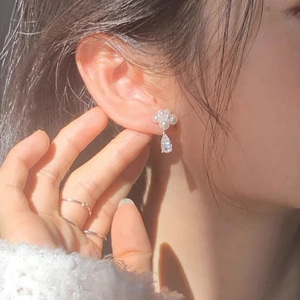 Elegant Flower Artificial Pearl Stud Earrings With Water Drop Zircon Pendant 925 Sterling Silver Earring Post Wedding Party Women Jewelry