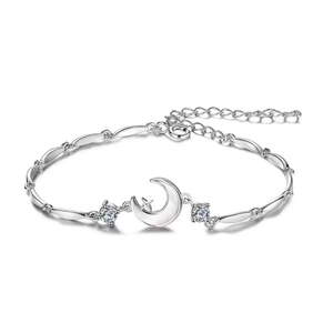S999 Sterling Silver Crescent Moon and Star Bracelet with Zirconia for Women