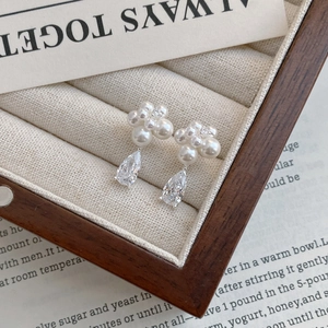 S999 silver flower earrings with white pearls and sparkling teardrop zircon pendants
