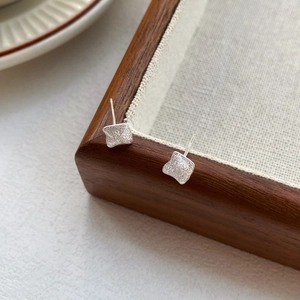 Minimalist S999 sterling silver square stud earrings with brushed frosted finish