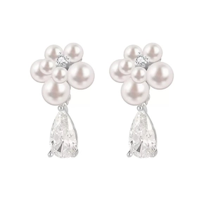 Elegant S999 silver flower drop earrings with white pearls and teardrop zircon accents