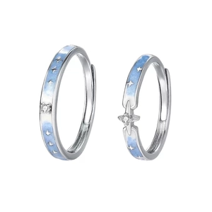 Bagues de couple S999 en argent avec émail bleu et zircon, ensemble de bijoux étoilé