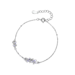 S925 Sterling Silver Bracelet featuring purple floral charms and butterfly accents