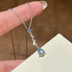 S999 Sterling Silver Blue Teardrop Zirconia Necklace For Women Exquisite Light Luxury Clavicle Chain Versatile Pendant Jewelry