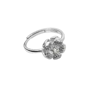 Exquisite S999 silver hollow flower open ring with brushed texture and zircon stone