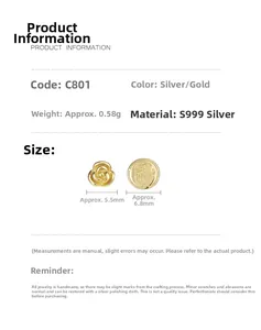 Detailed specs for S999 silver rose and round relief earrings in silver and gold finish