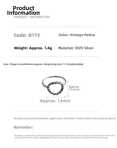 Spécifications de taille pour une bague ouverte en argent S925 avec design torsadé évidé