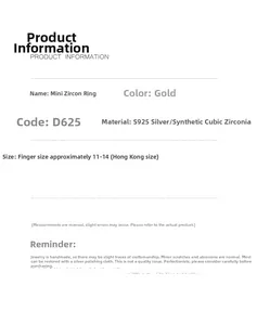 Detailed specification chart for gold S925 silver mini zirconia ring with size parameters