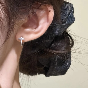 S999 Sterling Silver Cross Huggie Hoop Earrings For Men Women Cubic Zirconia Inlaid Small Hoop Earrings Dainty Religious Jewelry