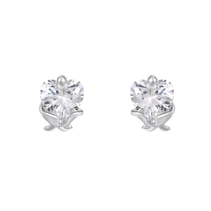 Exquisite S999 sterling silver rose heart stud earrings with heart-shaped sparkling crystals