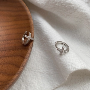 S999 sterling silver huggie earrings with cross pendants and sparkling zircon stones