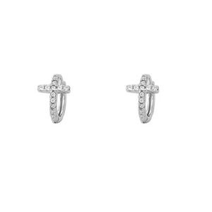 Minimalist S999 sterling silver cross hoop earrings with white zircon stones on white background