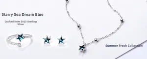 Detailed view of S925 sterling silver set with blue star-shaped stones and beads