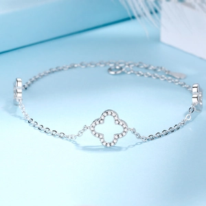 Elegant 925 Sterling Silver Four Leaf Clover Bracelet For Women Light Luxury Hollow Zirconia Inlay Adjustable Link Chain Jewelry Gift