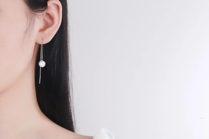 Close-up of S925 sterling silver drop earrings with round cut zircon and long tassels