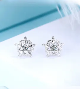 Macro shot of S925 sterling silver snowflake stud earrings with sparkling center crystals