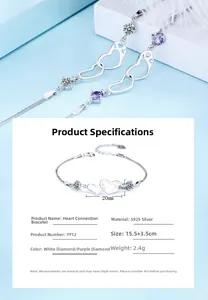 Detailed view of S925 silver double heart bracelet with white and purple zircon stones