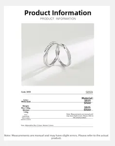 Detailed specs of S925 sterling silver couple rings with twisted texture and zircon inlay