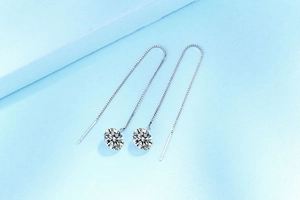Detail view of elegant S925 sterling silver drop threader earrings with round cubic zirconia