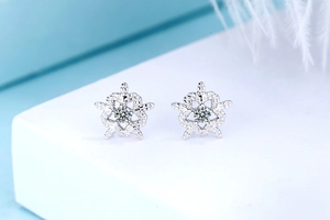 Macro shot of silver snowflake earrings with cubic zirconia on white display stand
