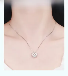Close-up of S925 sterling silver snowflake pendant necklace with cubic zirconia on a model