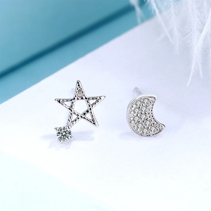 Asymmetrische Stern Mond 925 Sterlingsilber Ohrstecker Für Damen Minimalistische Strass Himmlischer Schmuck Zierliches Elegantes Geschenk