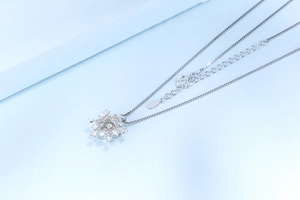 Close-up of S925 sterling silver snowflake pendant with sparkling cubic zirconia stones