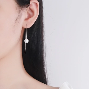 Elegant S925 sterling silver long chain tassel earrings with round cubic zirconia stone
