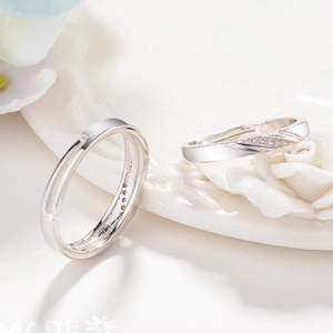 Minimalist S925 sterling silver couple rings with adjustable open band and zircon inlay