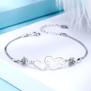 925 Sterling Silver Intertwined Double Heart Bracelet For Women Elegant Simple Snake Chain With Purple White Rhinestone Jewelry Gift