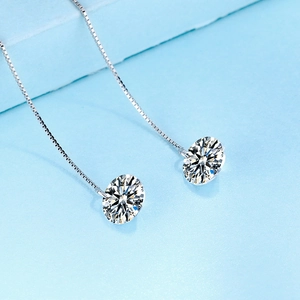 Elegant S925 sterling silver drop earrings with sparkling round diamonds and box chains
