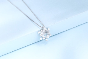Detailed view of an S925 silver snowflake pendant with a sparkling central stone