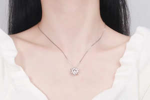 Detailed view of an S925 sterling silver snowflake pendant necklace on a model