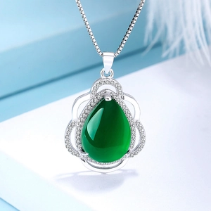 925 Sterling Silver Green Chalcedony Teardrop Pendant Only (Without Chain) For Women Rhinestone Inlaid Elegant Pendant Jewelry Gift
