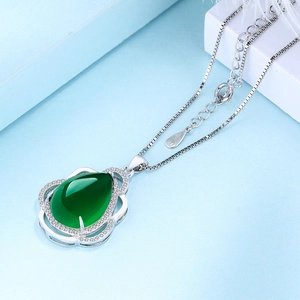 Elegant S925 sterling silver necklace with teardrop green chalcedony pendant and white zircon