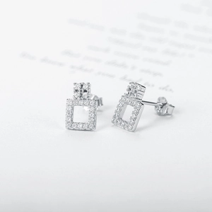 925 Sterling Silver Geometric Square Stud Earrings For Women Dainty Rhinestone Inlaid Minimalist Jewelry Accessories