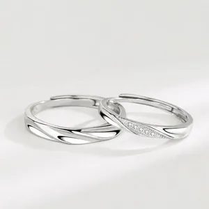 S925 Sterling Silver Couple Rings Set Simple Mobius Twist Adjustable Open Ring Rhinestone Inlaid Fashion Jewelry Valentine's Day Gift