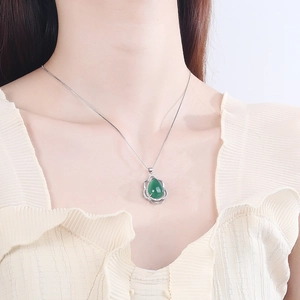 Elegant S925 sterling silver necklace with a teardrop green chalcedony pendant for women