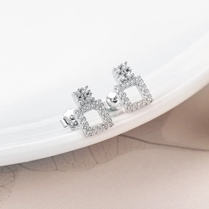 Elegant S925 sterling silver geometric square stud earrings with clear zircon stones