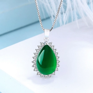 Collier Pendentif en Calcédoine Verte en Argent Sterling 925 Avec Strass Forme Goutte d'Eau Bijoux Cadeau pour Femme Mère