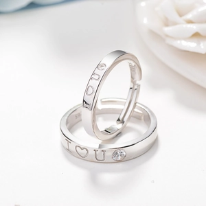 Anelli di coppia regolabili in argento sterling S925 con incisione I Love You e zircone