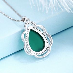 Elegant S925 sterling silver necklace with teardrop green chalcedony and zircon border