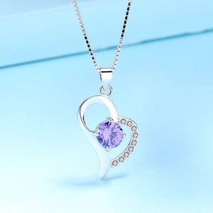 925 Sterling Silver Heart Pendant For Women Simple Elegant Rhinestone Inlaid Purple White Heart Charm Jewelry Gift Without Chain