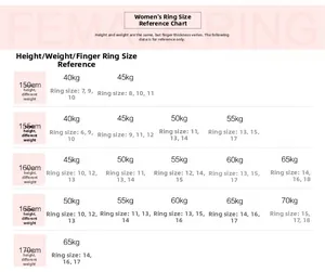 Size guide for women S925 sterling silver ring showing ring sizes based on height and weight